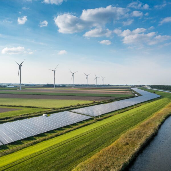 Fields with solar panels & wind turbines